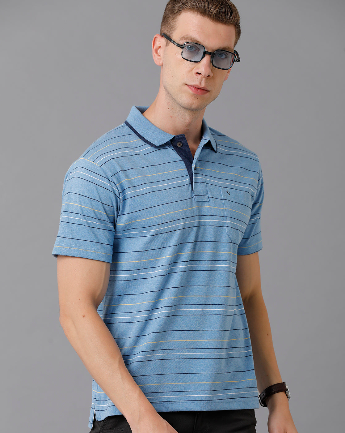 Classic Polo Men's Cotton Blend Striped Authentic Fit Blue T-Shirt | Mel - 215 B