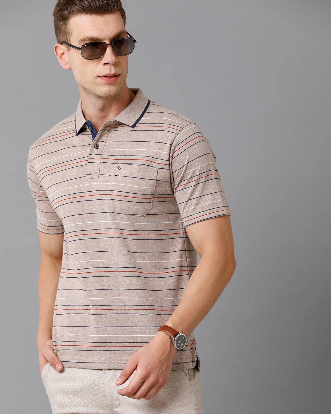 Classic Polo Men's Cotton Blend Striped Authentic Fit Grey T-Shirt | Mel - 215 A