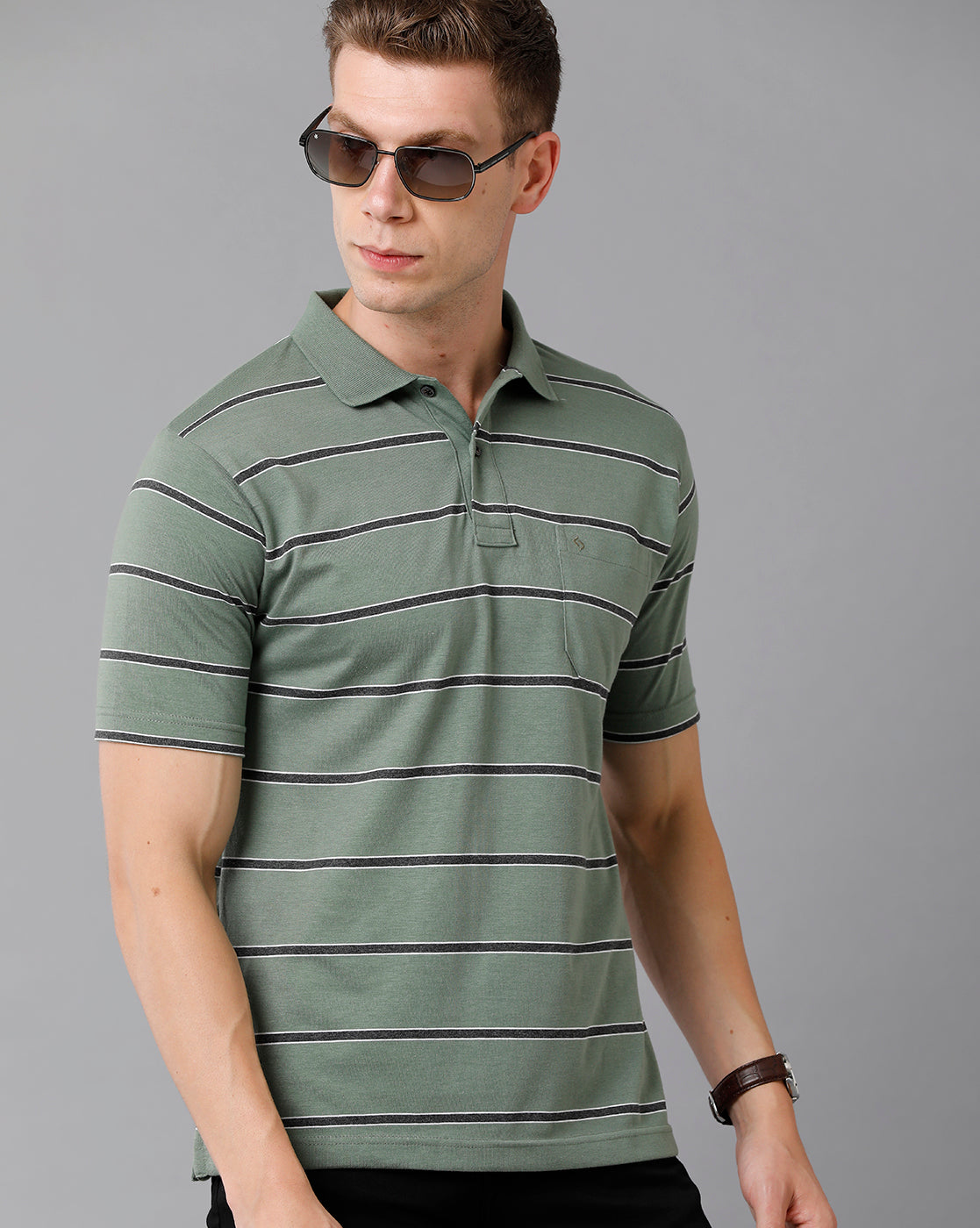 Classic Polo Men's Cotton Blend Striped Authentic Fit Green T-Shirt | Avon - 503 A