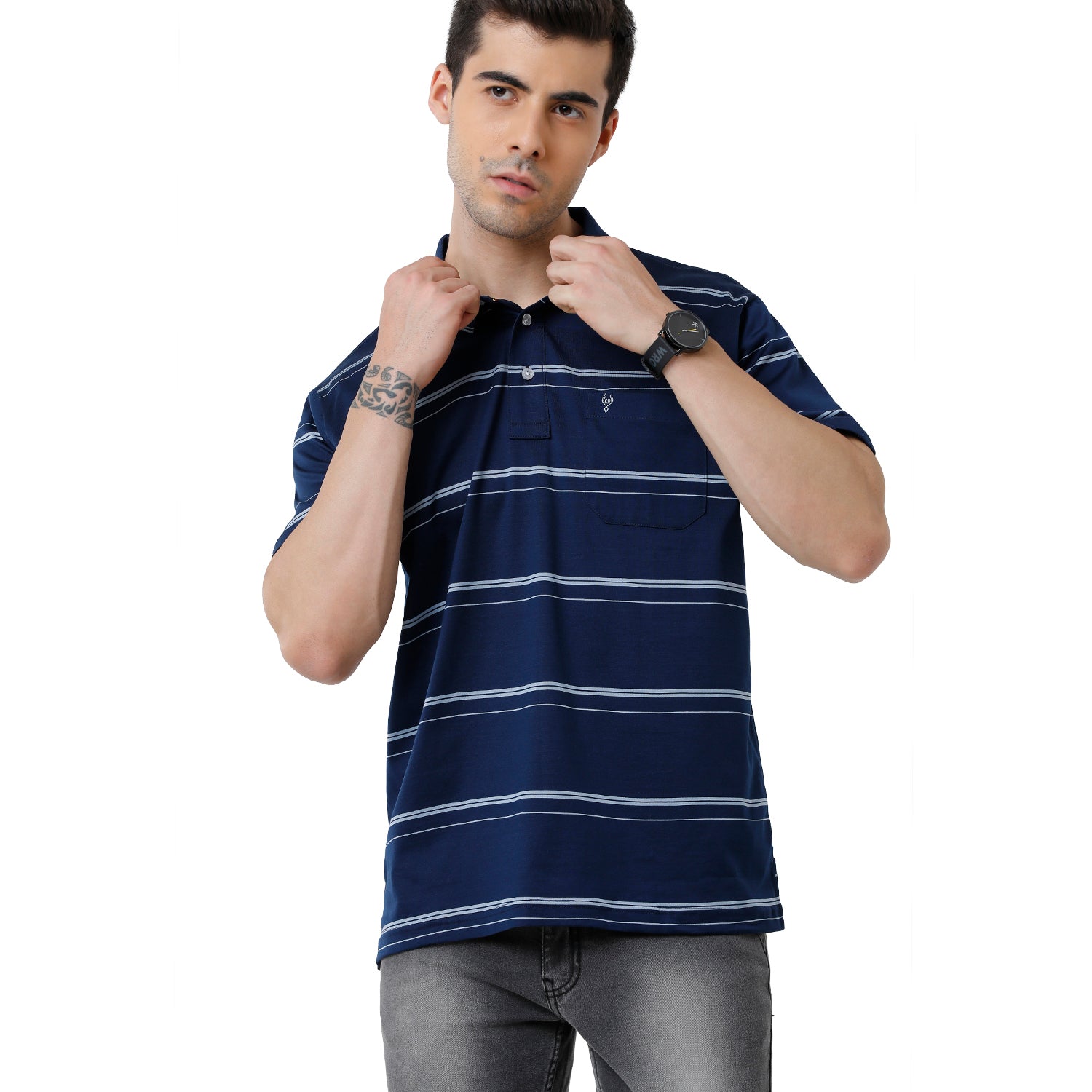 Classic Polo Mens Striped Authentic Fit Polo Neck Navy Blue Color Premium T-Shirt - Ultimo 278 A T-shirt Classic Polo 