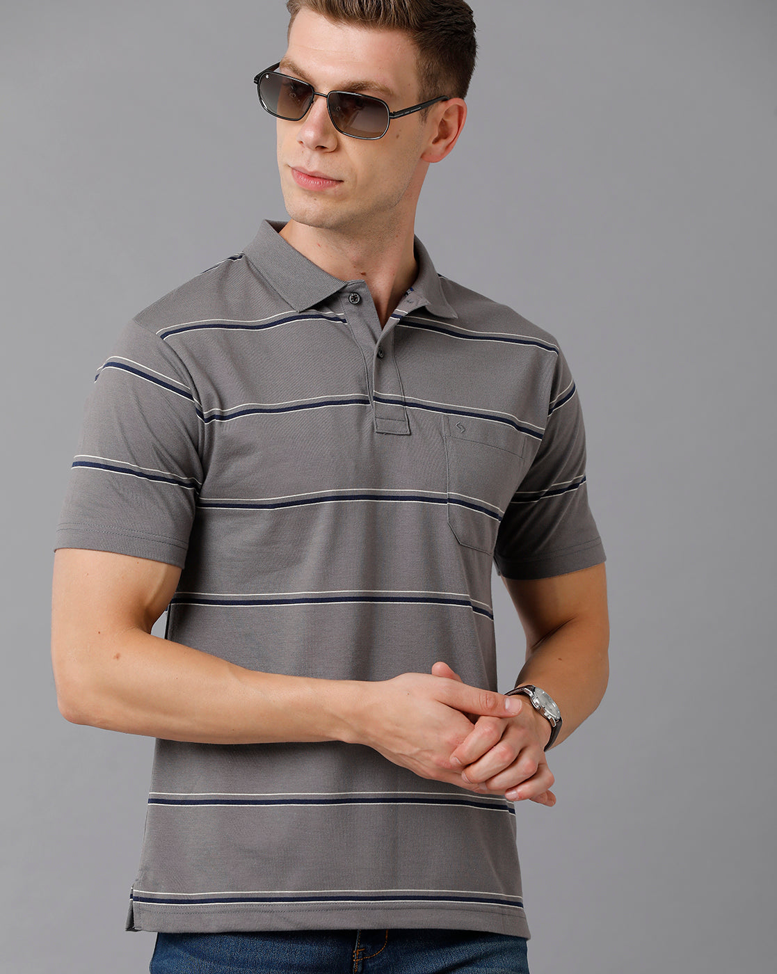 Classic Polo Men's Cotton Blend Striped Authentic Fit Grey T-Shirt | Avon - 501 B