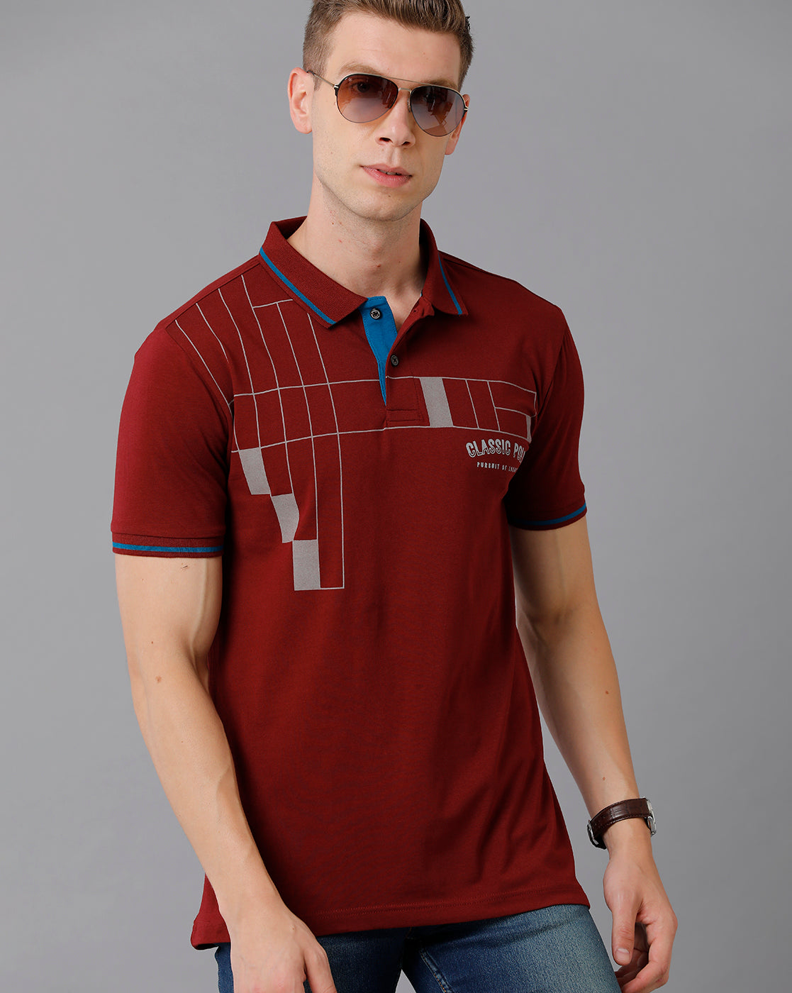 Classic Polo Men's Cotton Printed Slim Fit Maroon T-Shirt | Prm - 726 B