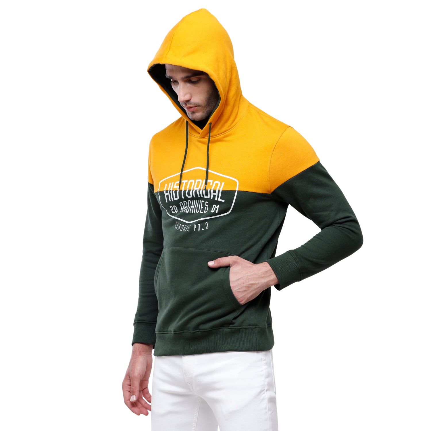 Classic Polo Men's Color Block Full Sleeve Yellow & Green Hooded Sweat Shirt - CPSS-335 A Sweat Shirts Classic Polo 
