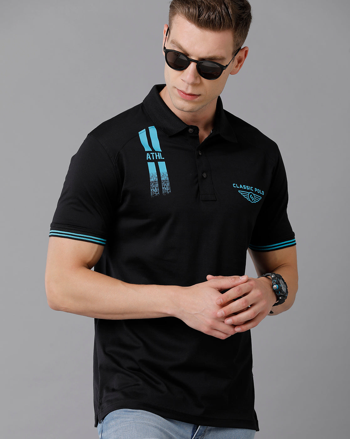 Classic Polo Men's Cotton Printed Slim Fit Black T-Shirt | Prm - 738 B