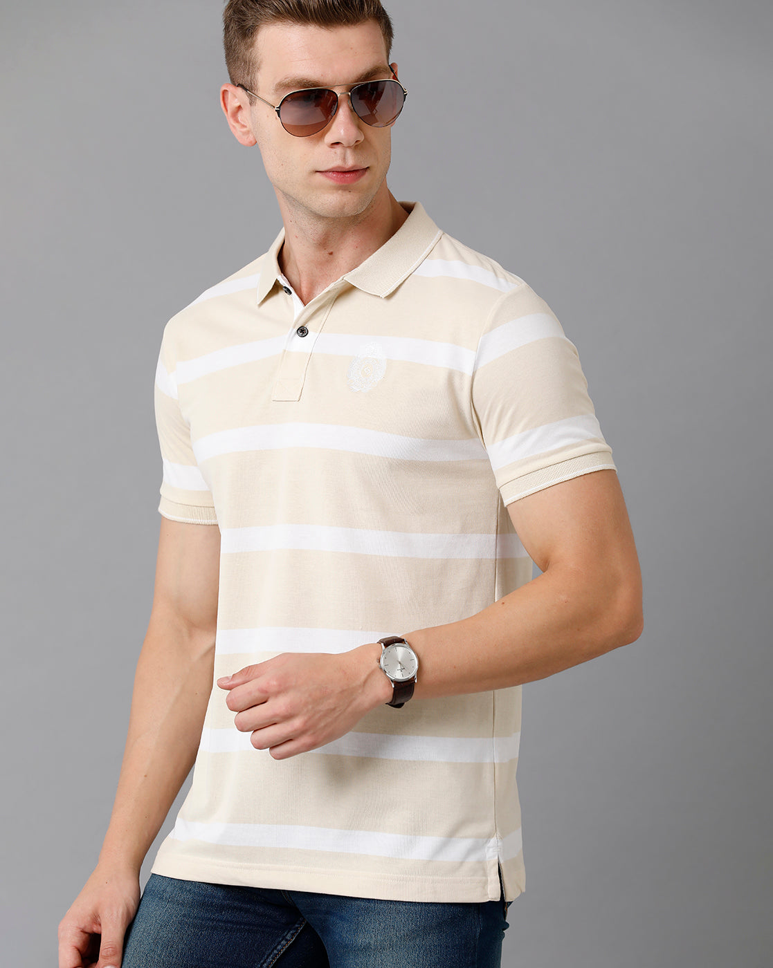 Classic Polo Men's Cotton Striped Slim Fit Beige T-Shirt | Cpeg - 282 A
