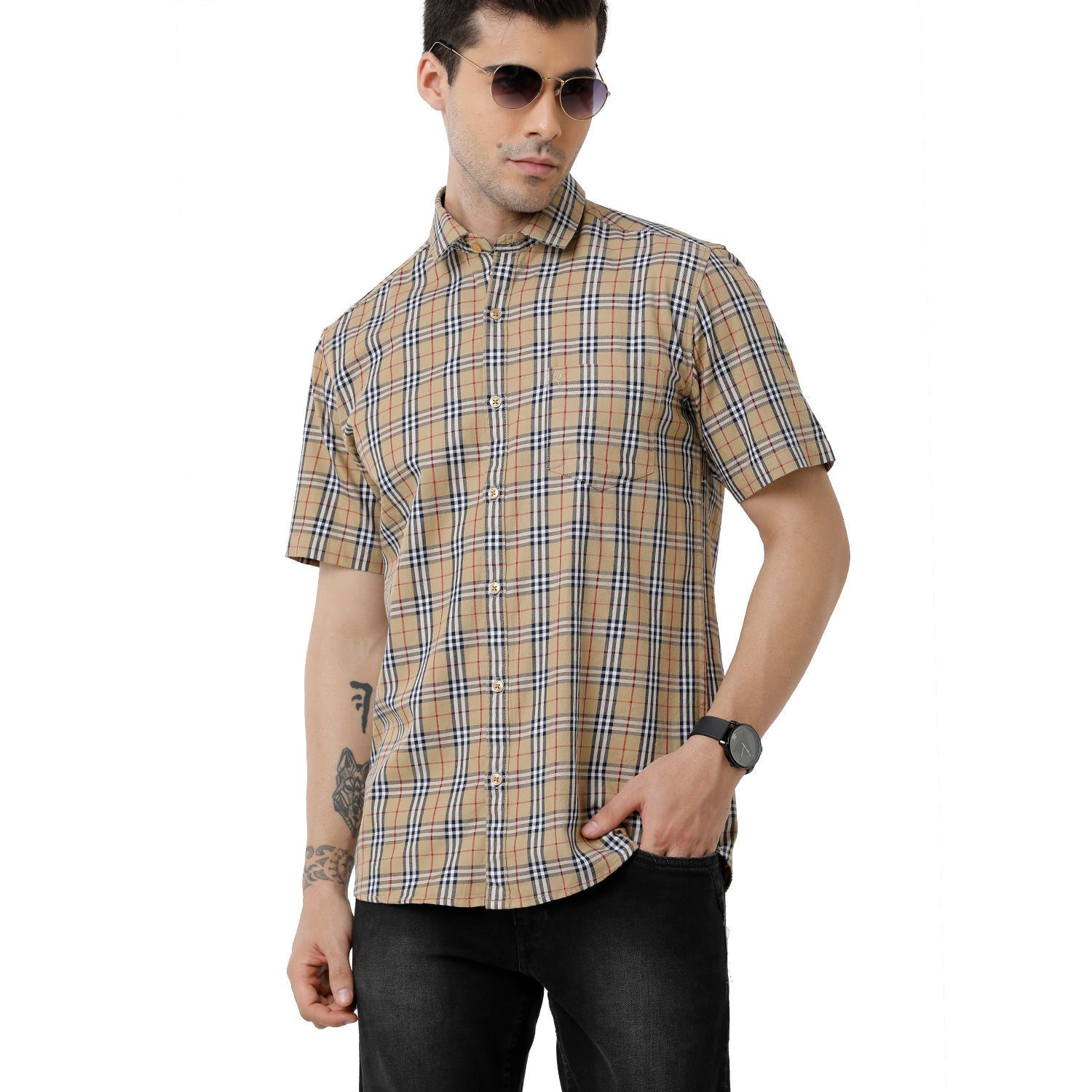 Classic Polo Mens Checked Slim Fit Half Sleeve Brown Color Shirt - SN1-121 B Shirts Classic Polo 