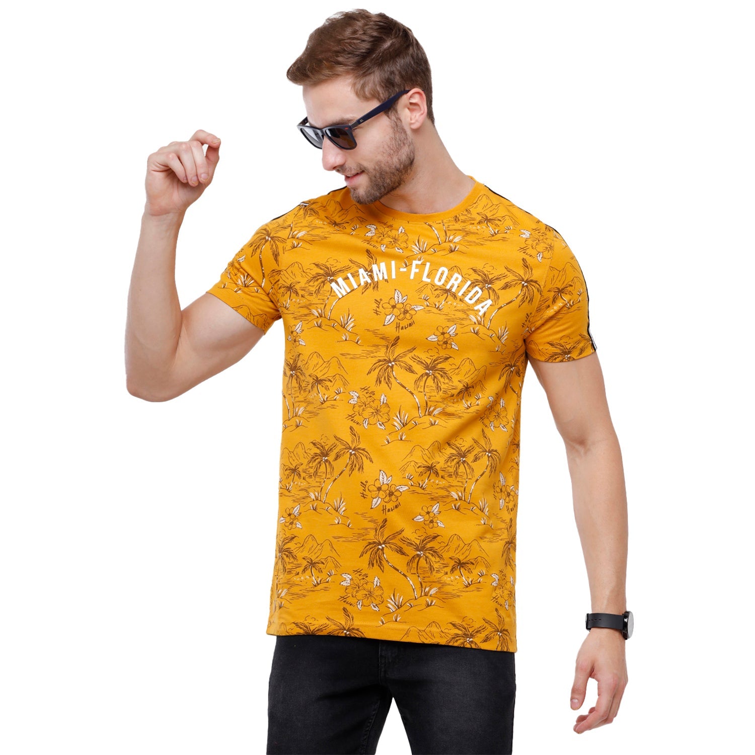 Swiss Club Mens Yellow Printed Slim Fit Half Sleeve Round Neck T-Shirt (CUB - 51 B SF C) T-shirt Swiss Club 