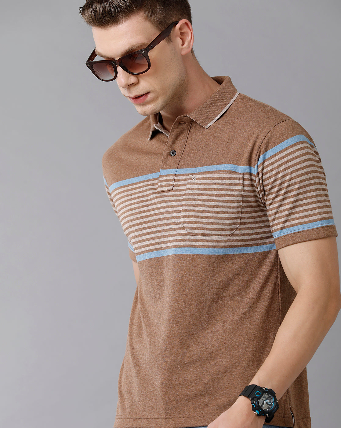 Classic Polo Men's Cotton Blend Striped Authentic Fit Brown T-Shirt | Mel - 216 A