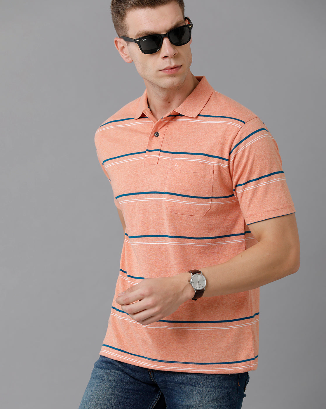 Classic Polo Men's Cotton Blend Striped Authentic Fit Peach T-Shirt | Avon - 499 A