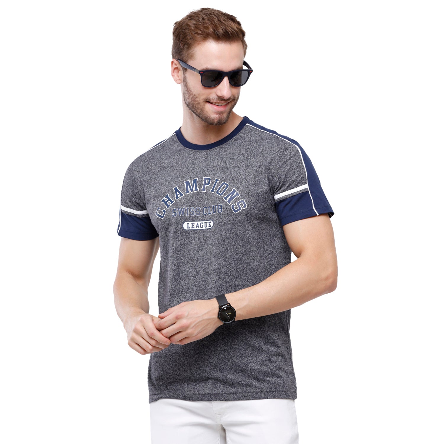 Swiss Club Mens Grey Chest Print Slim Fit Half Sleeve Round Neck T-Shirt (CUB - 48 B SF C) T-shirt Swiss Club 