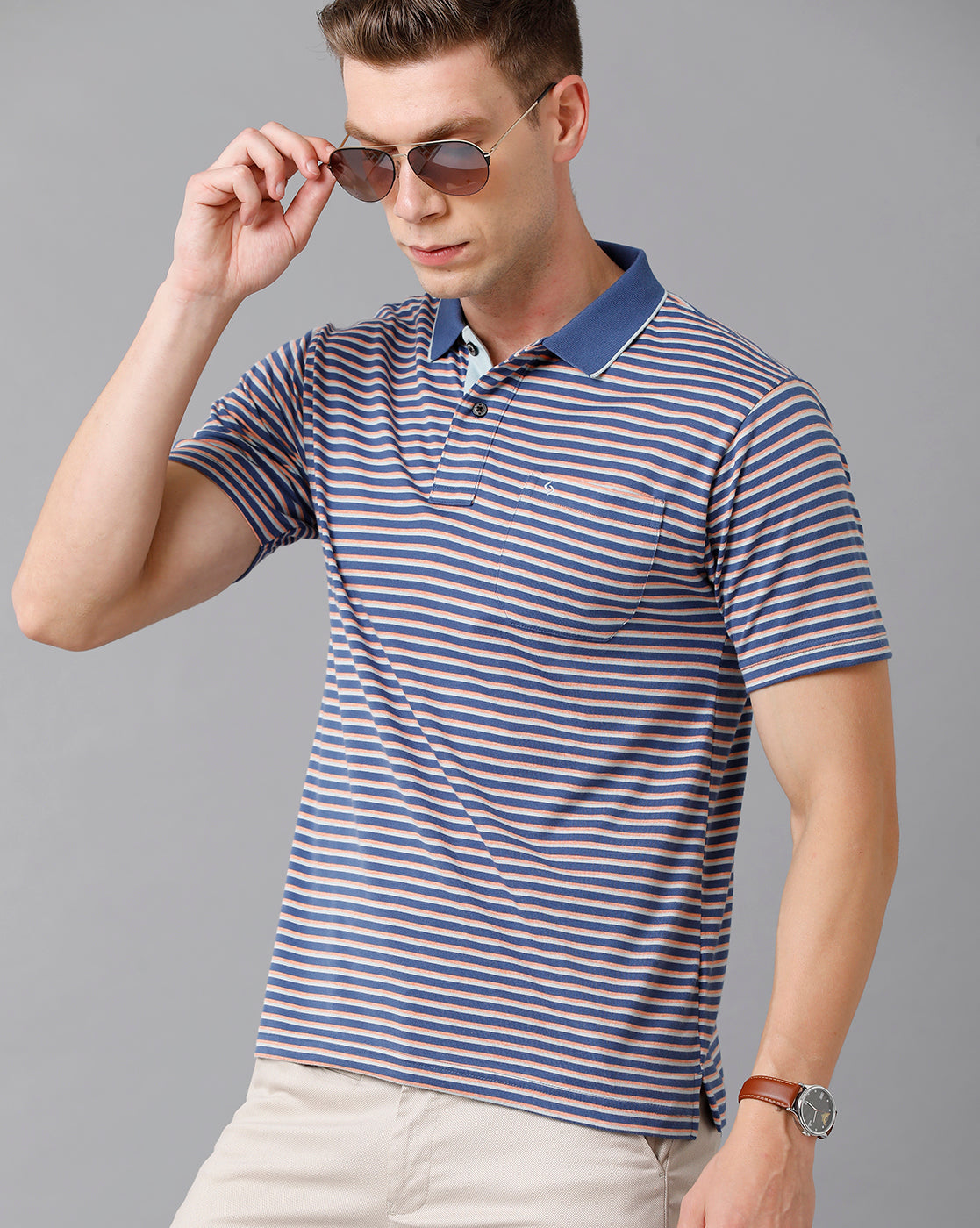 Classic Polo Men's Cotton Striped Authentic Fit Blue T-Shirt | Feeders - 203 A