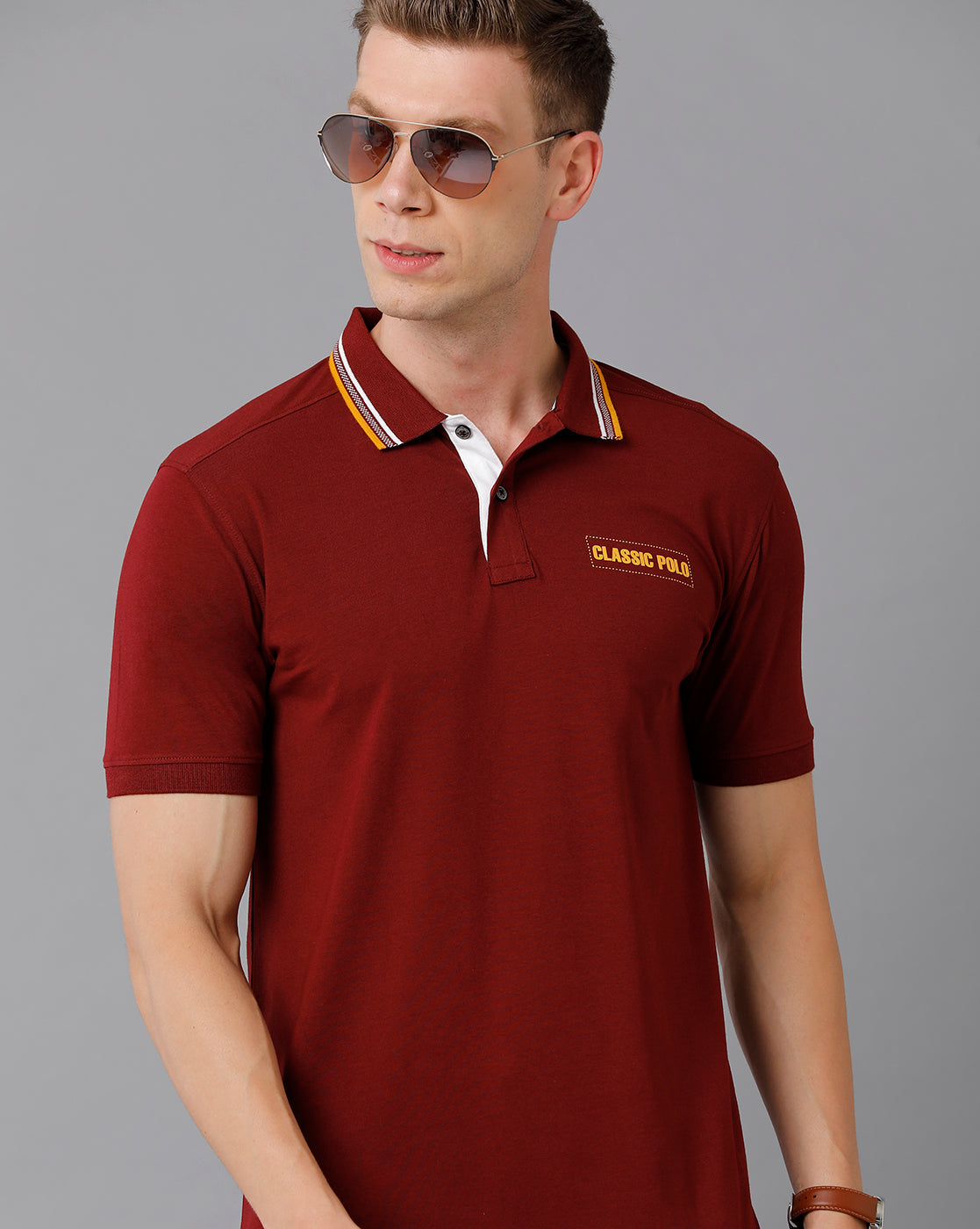 Classic Polo Men's Cotton Solid Slim Fit Maroon T-Shirt | Prm - 724 A