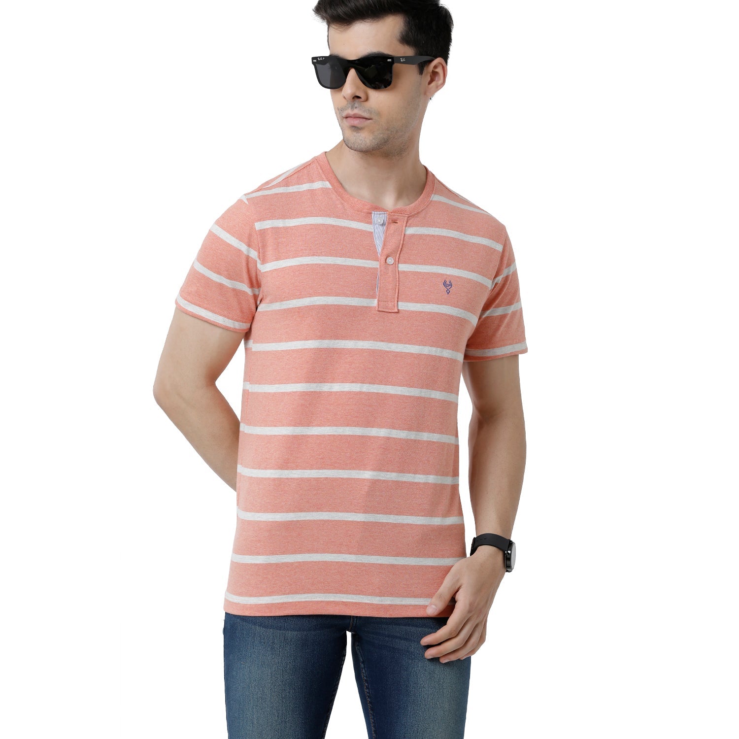Classic Polo Mens Striped Slim Fit Crew Neck Peach Color mens T-Shirt - Baleno - 405 A T-shirt Classic Polo 