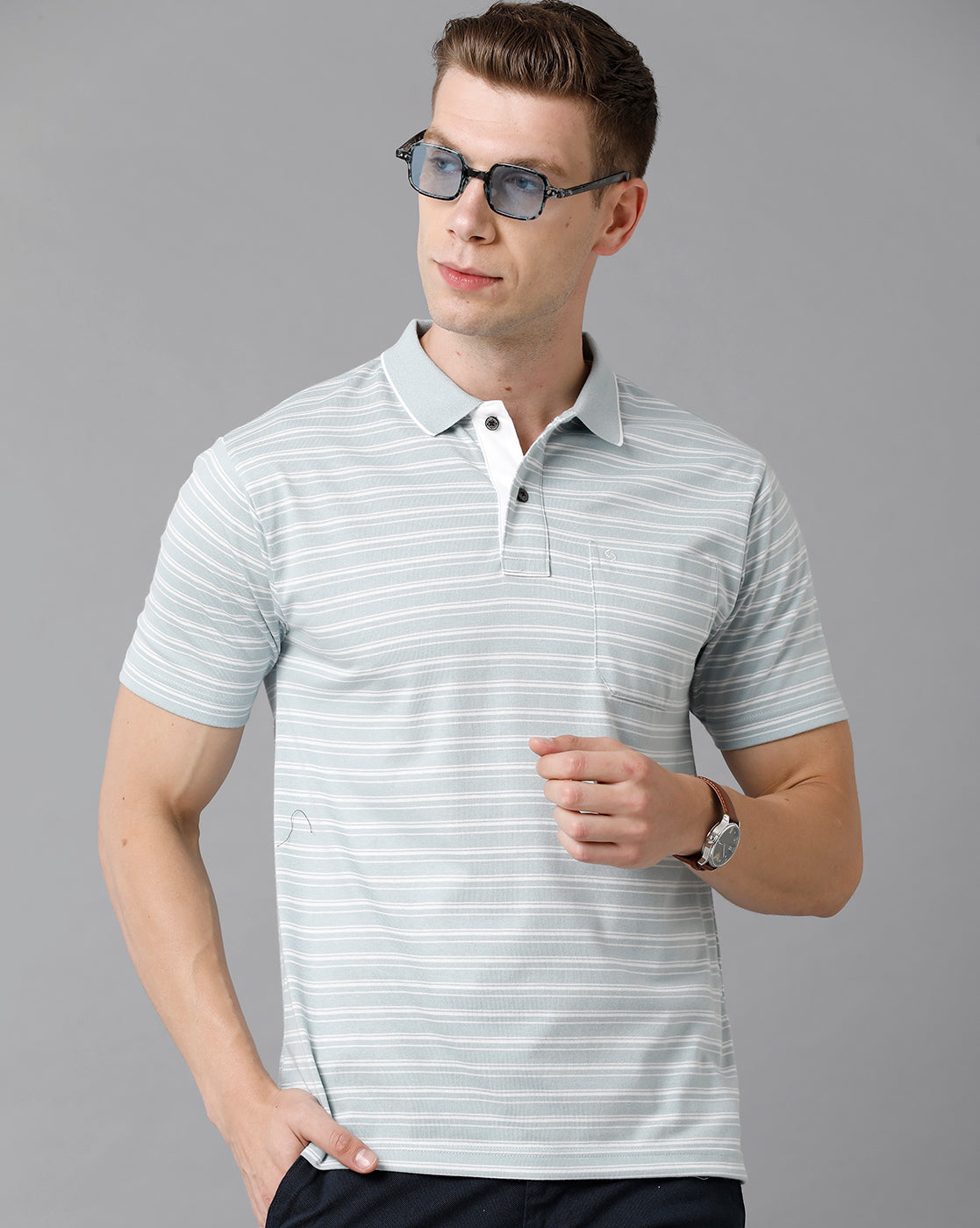 Classic Polo Men's Cotton Striped Authentic Fit Sky Blue T-Shirt | Feeders - 201 A