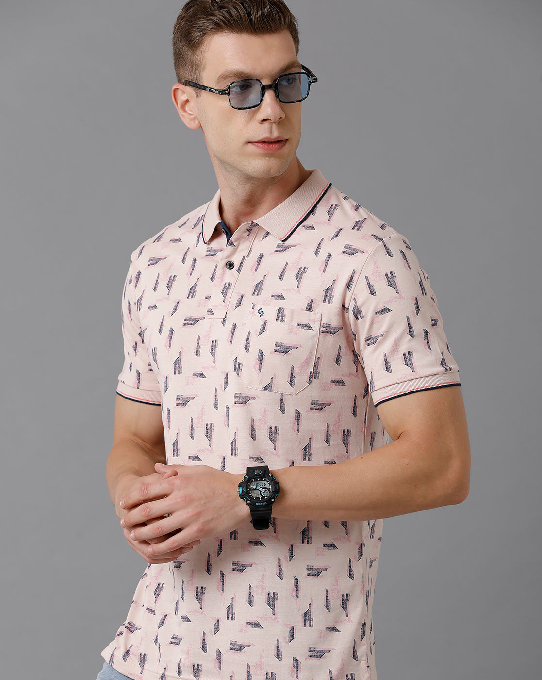 Classic Polo Men's Cotton Printed Slim Fit Pink T-Shirt | Bello - 183 A