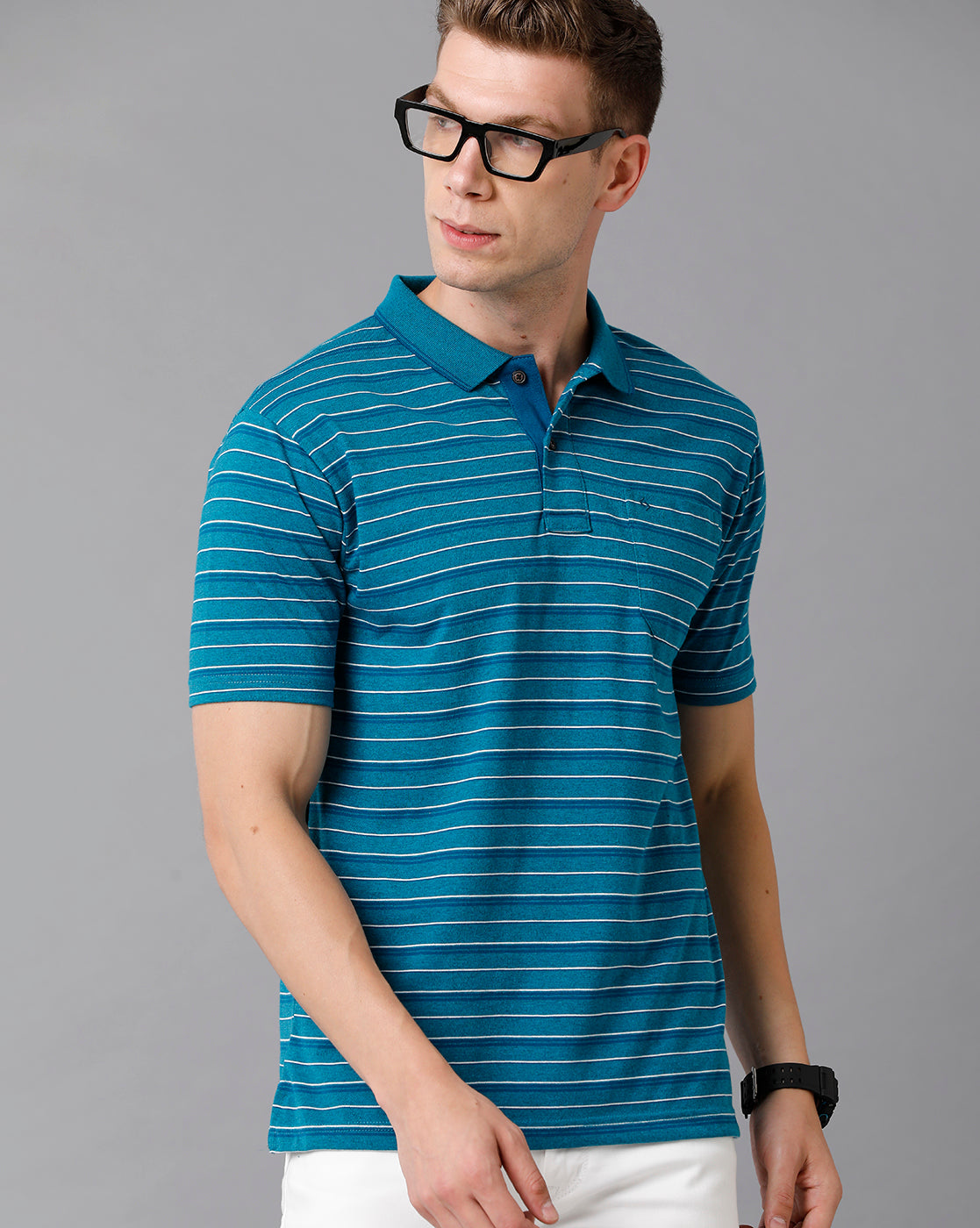 Classic Polo Men's Cotton Striped Authentic Fit Azure Blue T-Shirt | Feeders - 204 B