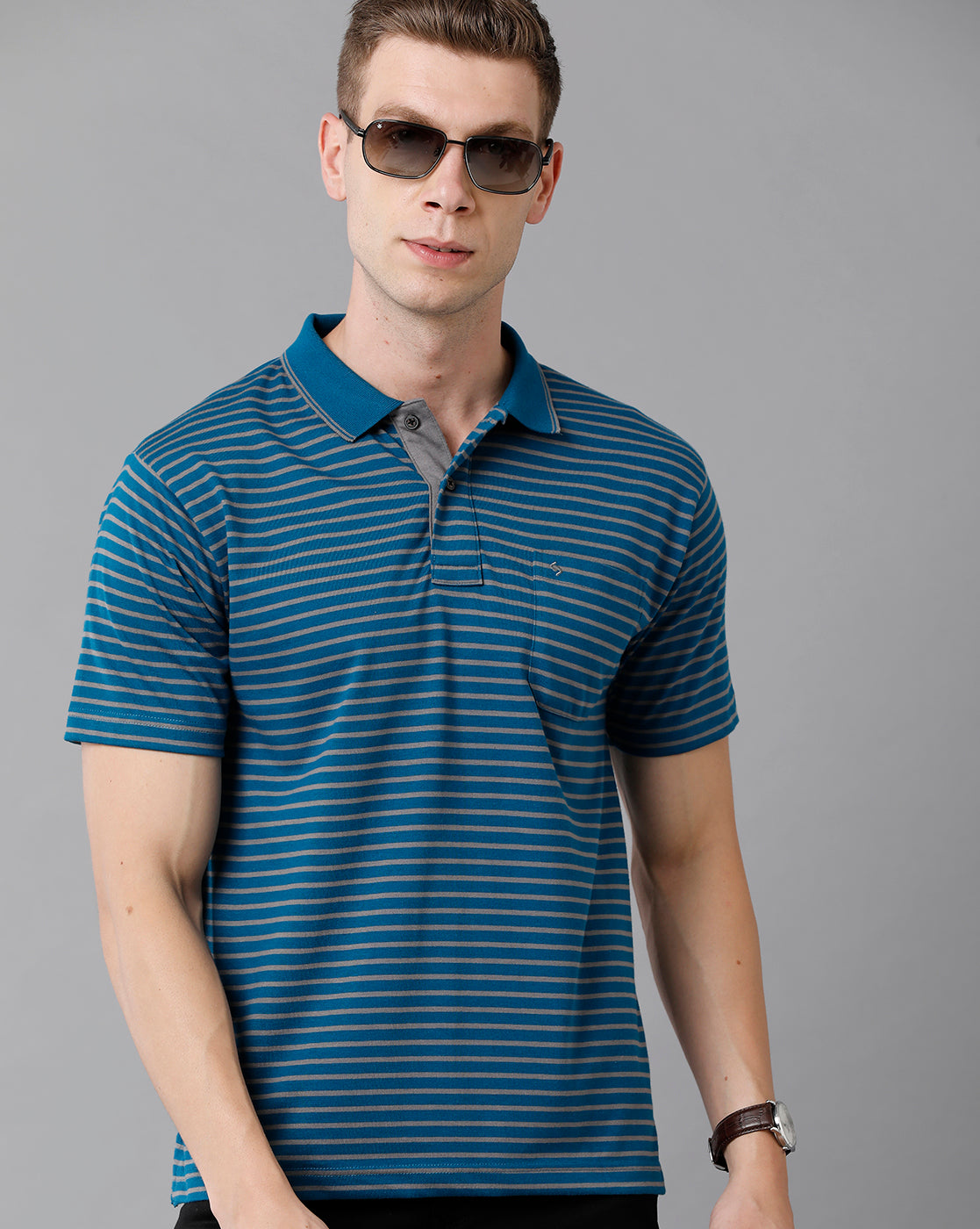 Classic Polo Men's Cotton Striped Authentic Fit Blue T-Shirt | Feeders - 210 A