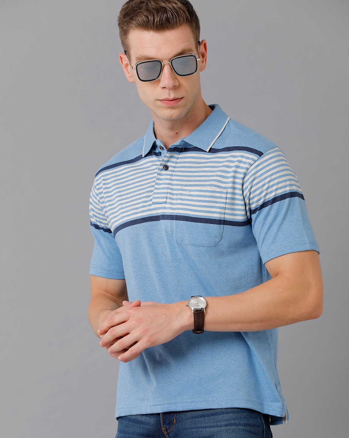 Classic Polo Men's Cotton Blend Striped Authentic Fit Sky Blue T-Shirt | Mel - 216 B