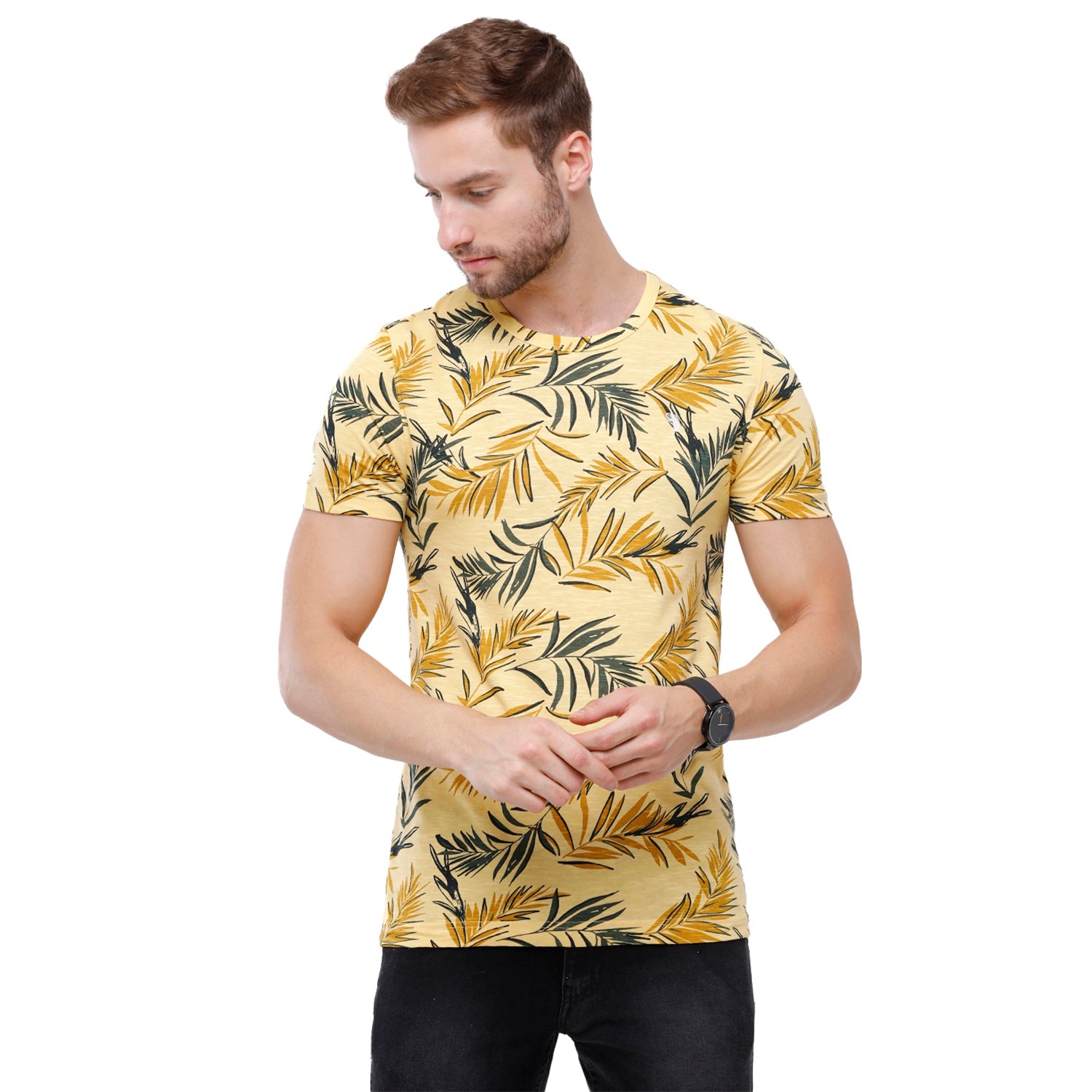 Swiss Club Mens Beige Printed Slim Fit Half Sleeve Round Neck T-Shirt (CUB - 47 A SF C) T-shirt Swiss Club 