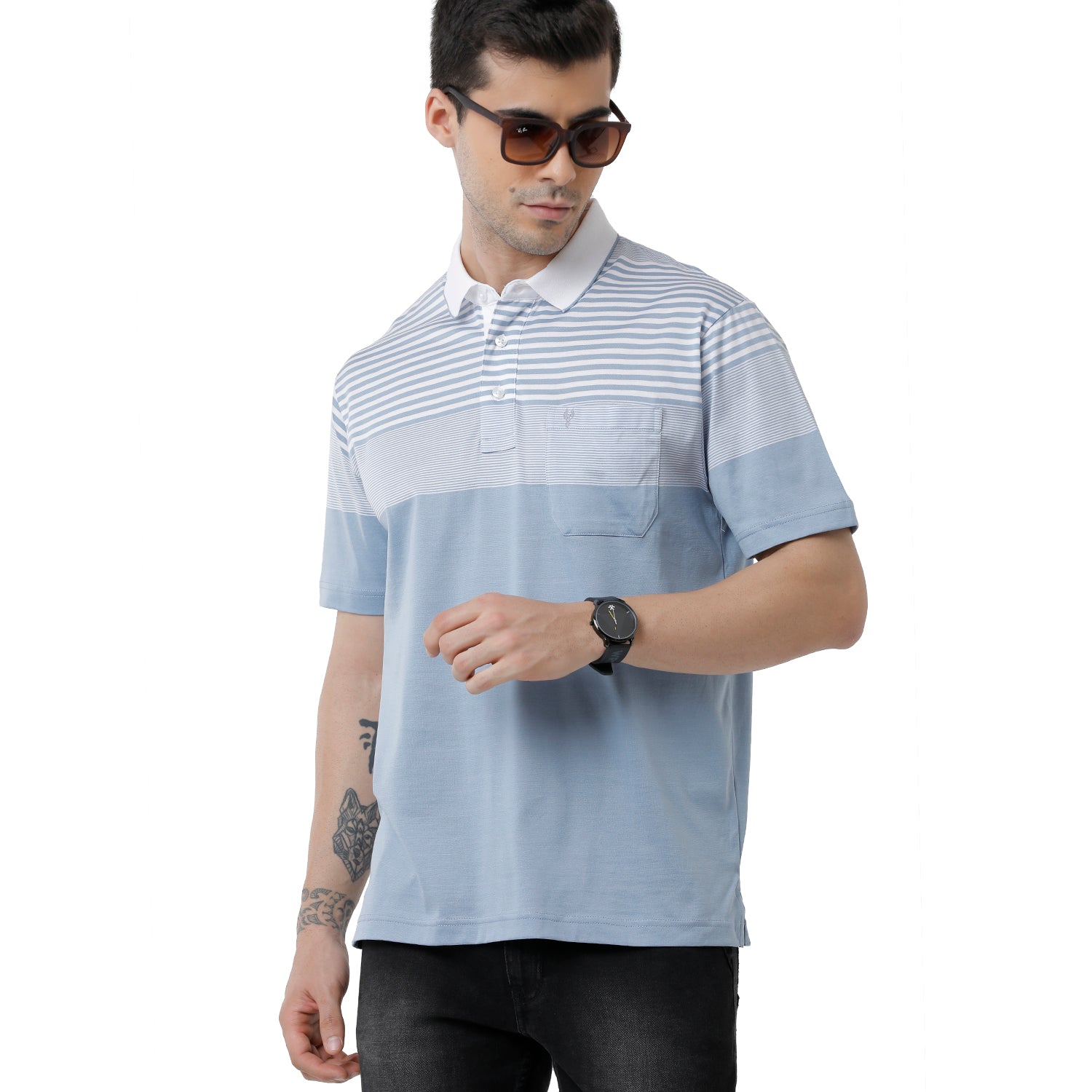 Classic Polo Mens Striped Authentic Fit Polo Neck Light Blue Premium T-Shirt - Ultimo 279 A T-shirt Classic Polo 