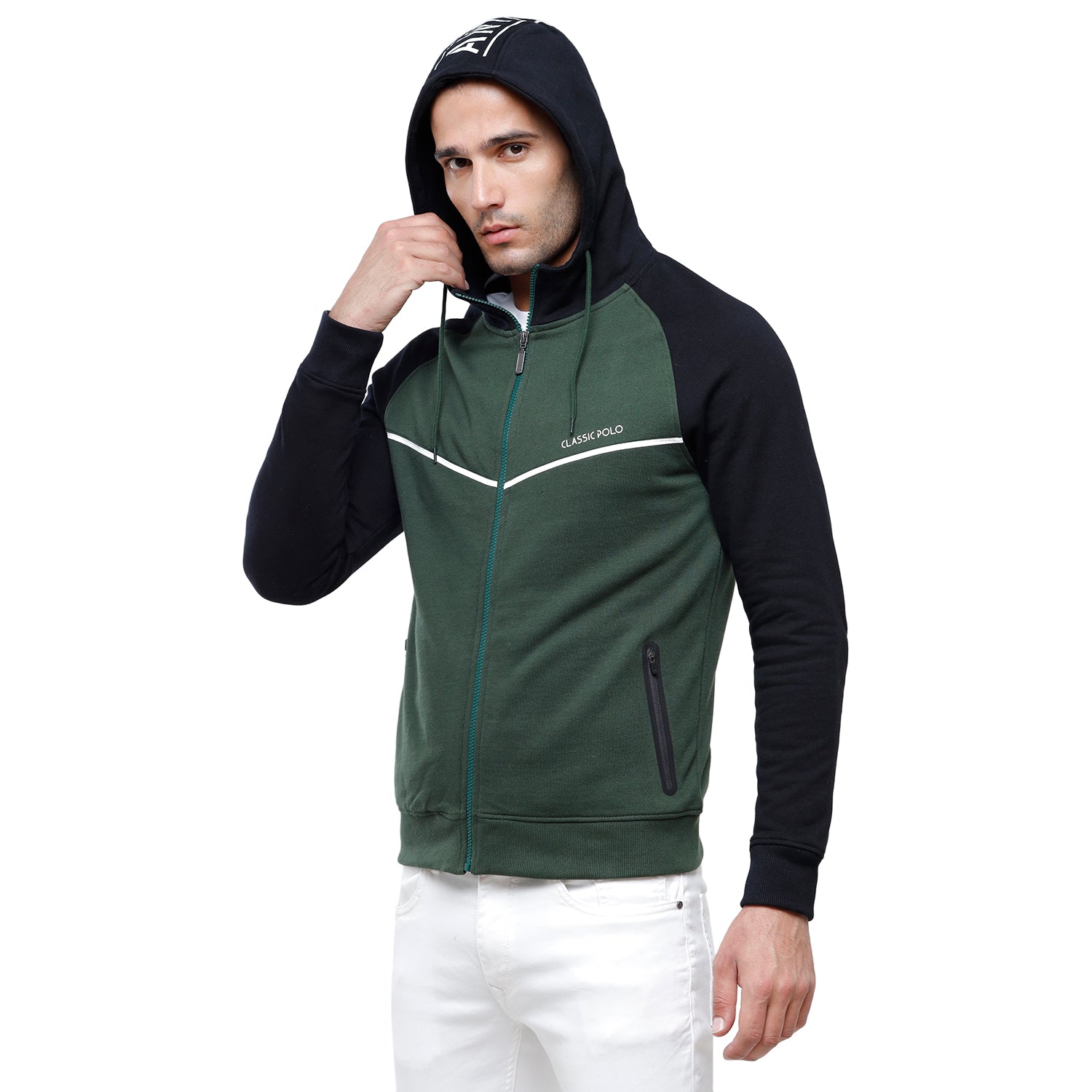 Classic Polo Men's Color Block Full Sleeve Green & Black Hooded Sweat Shirt - CPSS-325A Sweat Shirts Classic Polo 