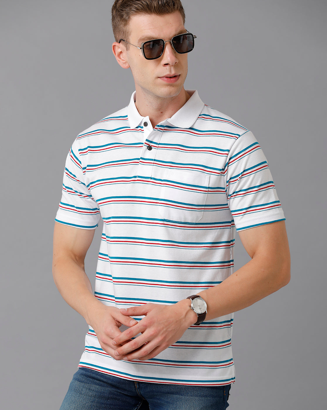 Classic Polo Men's Cotton Blend Striped Authentic Fit White T-Shirt | Avon - 495 A