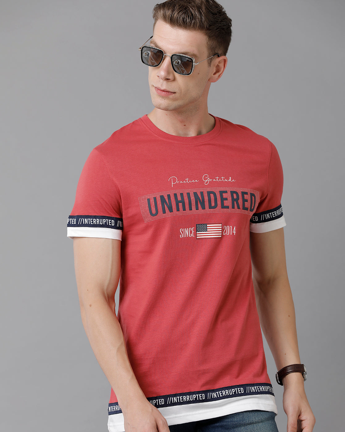 CP BRO Men's Cotton Printed Slim Fit Red T-Shirt | Brcn - 487 A