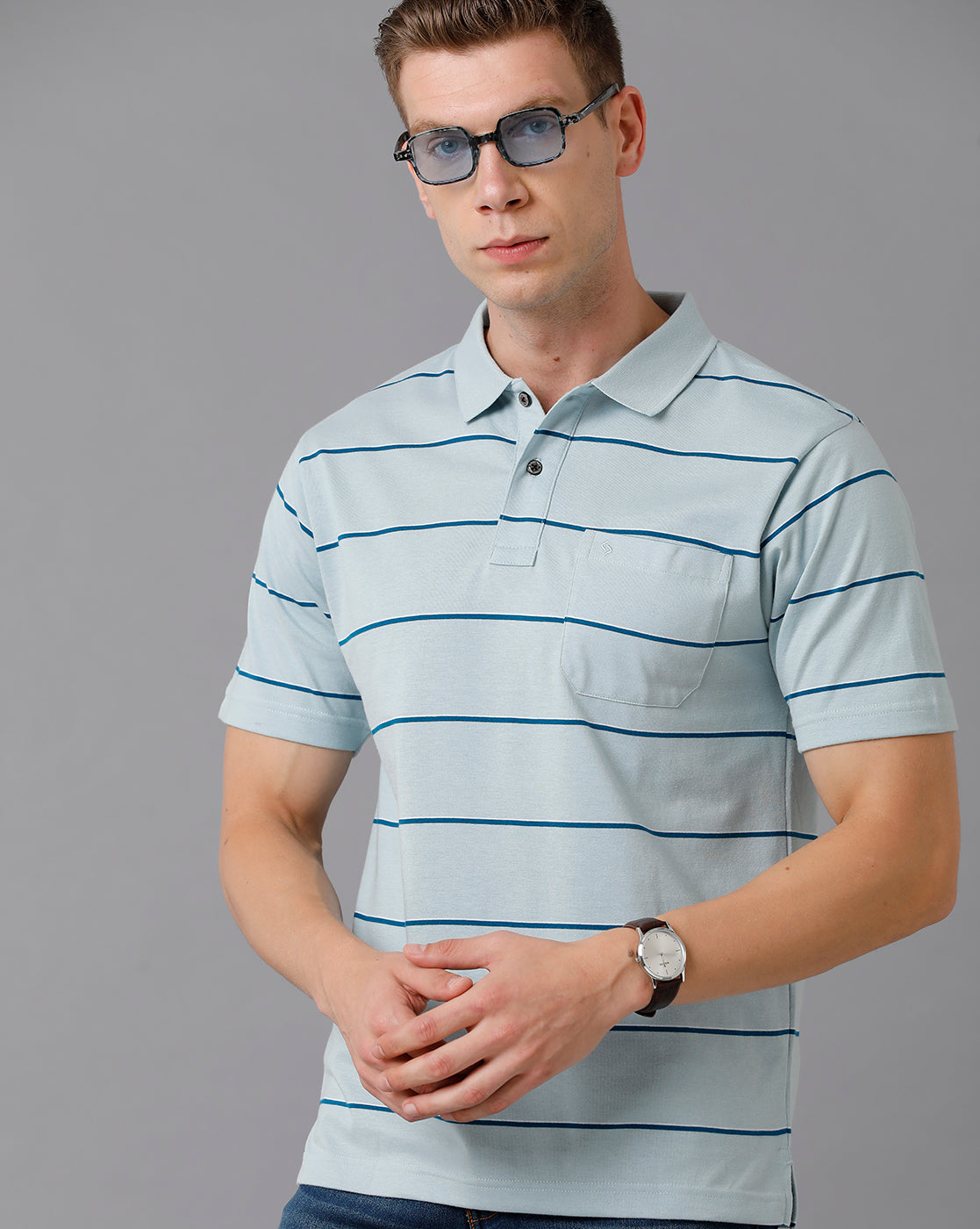 Classic Polo Men's Cotton Blend Striped Authentic Fit Light Blue T-Shirt | Avon - 496 A