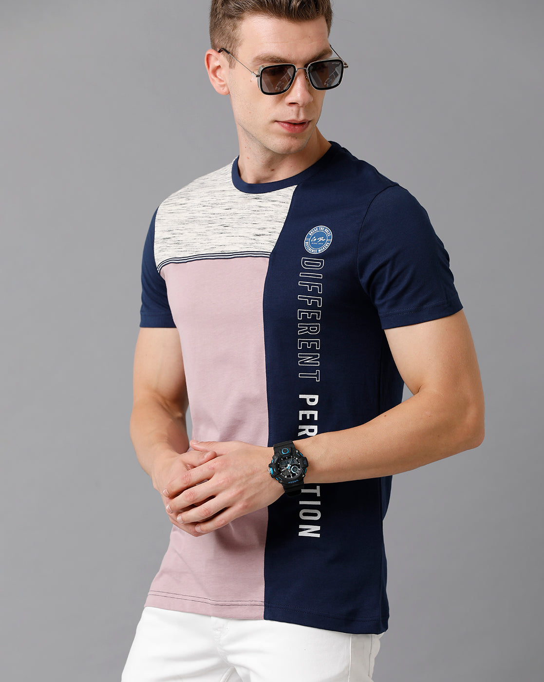 CP BRO Men's Cotton Color Block Slim Fit Multicolor T-Shirt | Brcn - 489 A
