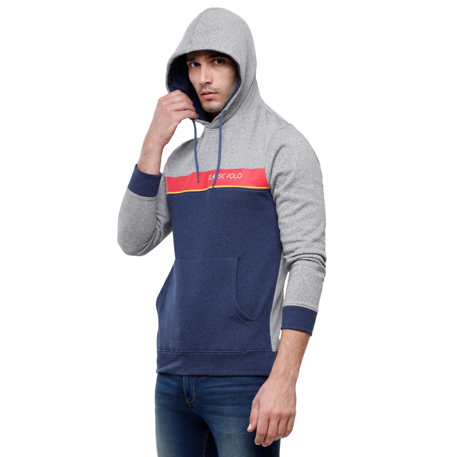 Classic Polo Men's Grey & Navy Color Block Full Sleeve Hoodie Sweat Shirt - CPSS - 334A Sweat Shirts Classic Polo 