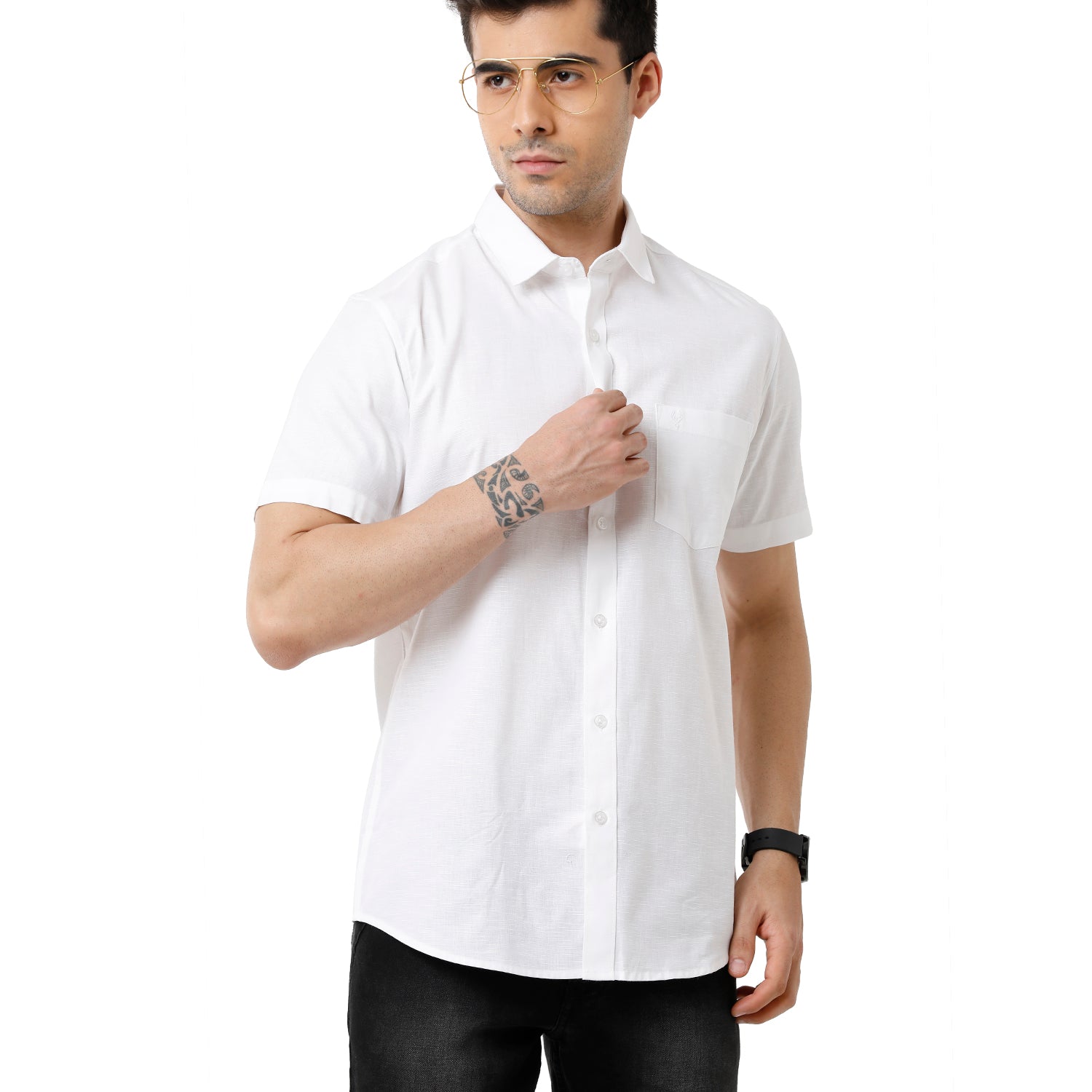 Classic Polo Mens 100% Cotton Solid Slim Fit Half Sleeve White Color Shirt - White-01 Shirts Classic Polo 