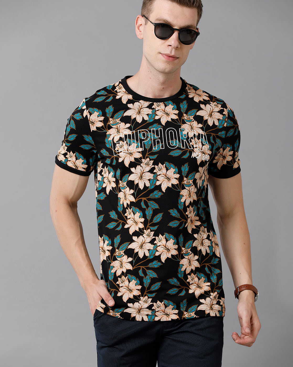 CP BRO Men's Cotton Printed Slim Fit Multicolor T-Shirt | Brcn - 492 A