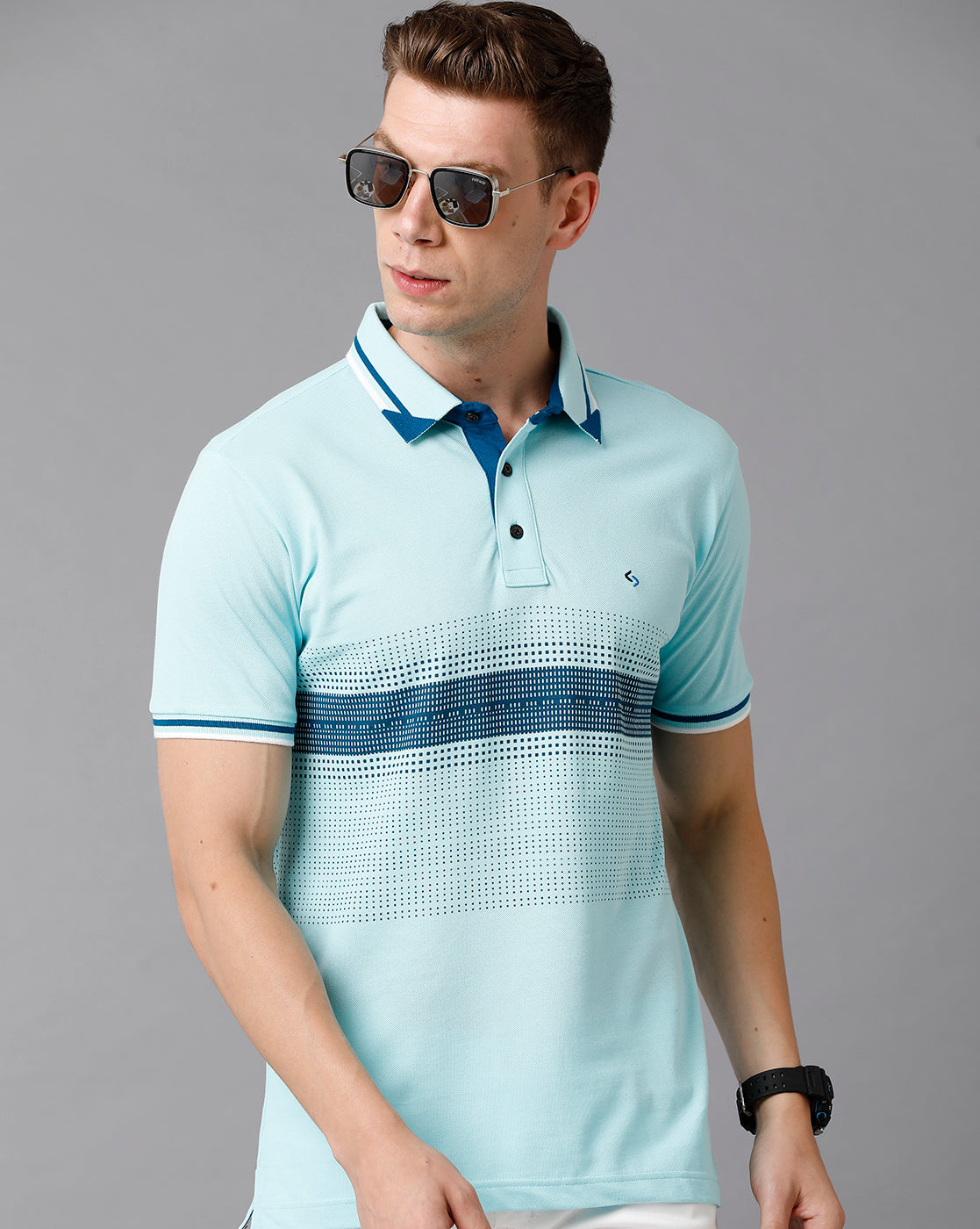 Classic Polo Men's Cotton Printed Slim Fit Turquoise T-Shirt | Prm - 707 B