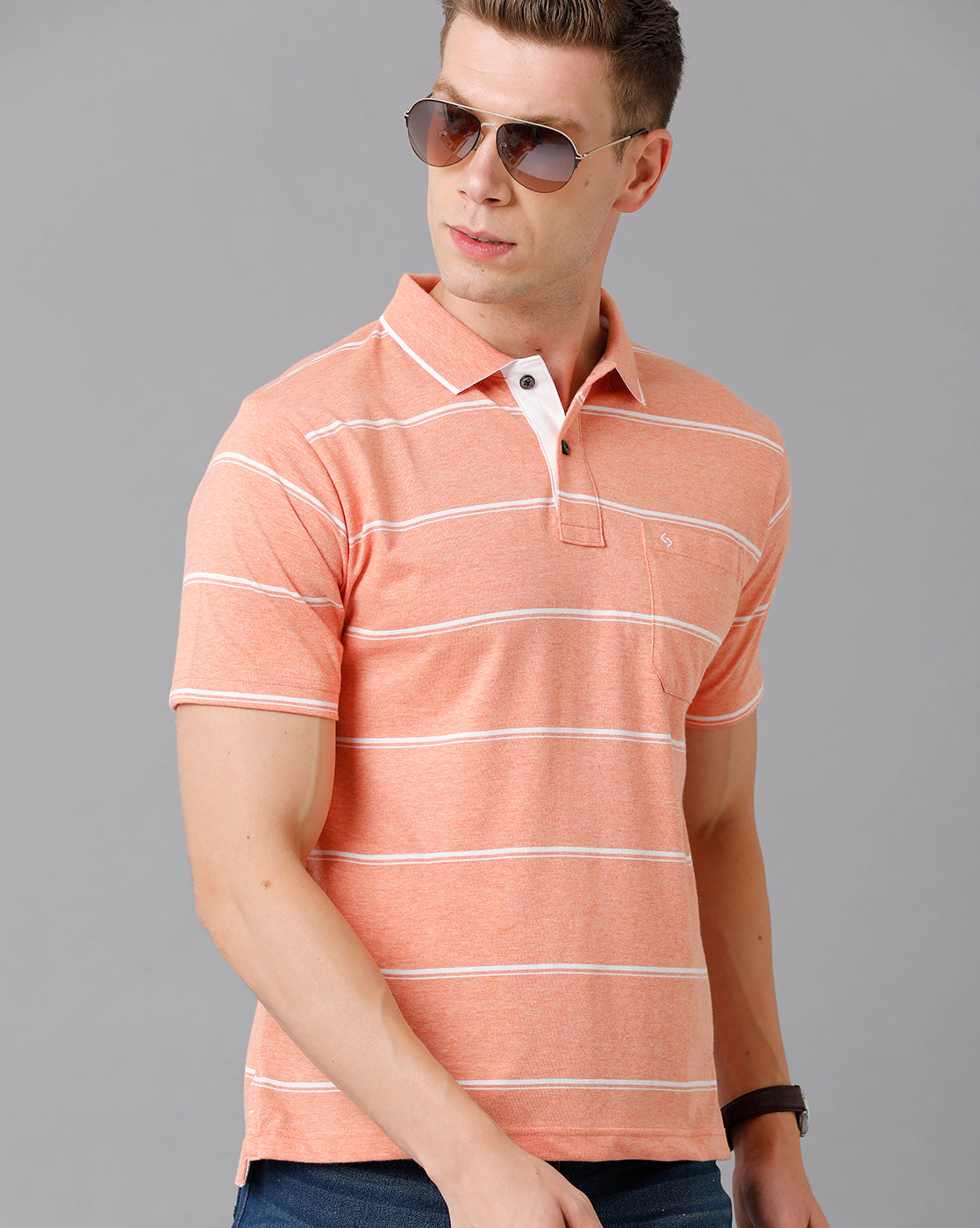 Classic Polo Men's Cotton Blend Striped Authentic Fit Peach T-Shirt | Mel - 211 A