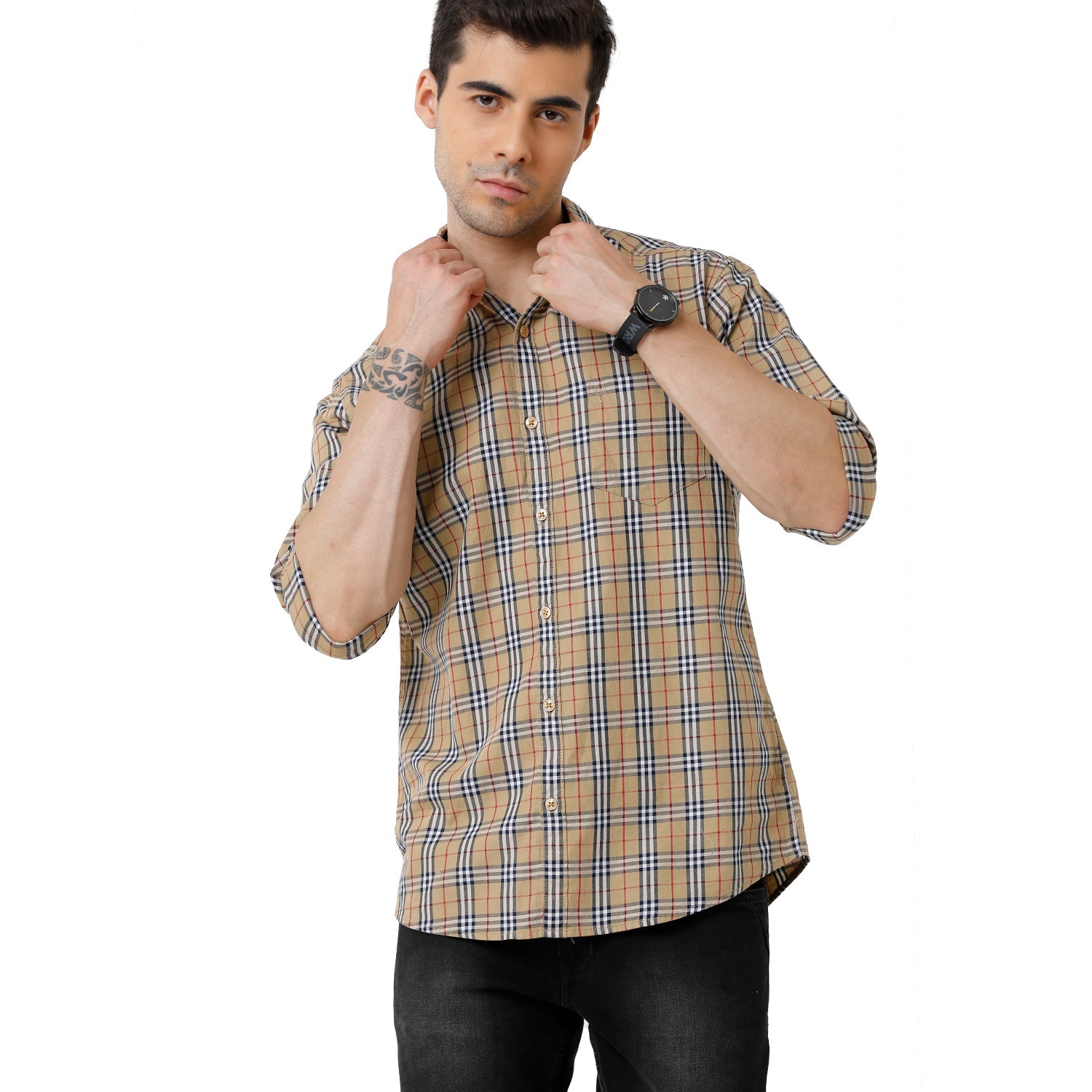 Classic Polo Mens Cotton Checked Slim Fit Full Sleeve Brown Color Shirt - SN1-121 B Shirts Classic Polo 