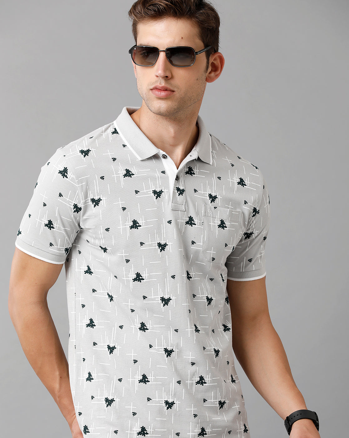 Classic Polo Mens Cotton Printed Half Sleeve Slim Fit Polo Neck Light Grey Color T-Shirt | Beau 172 A