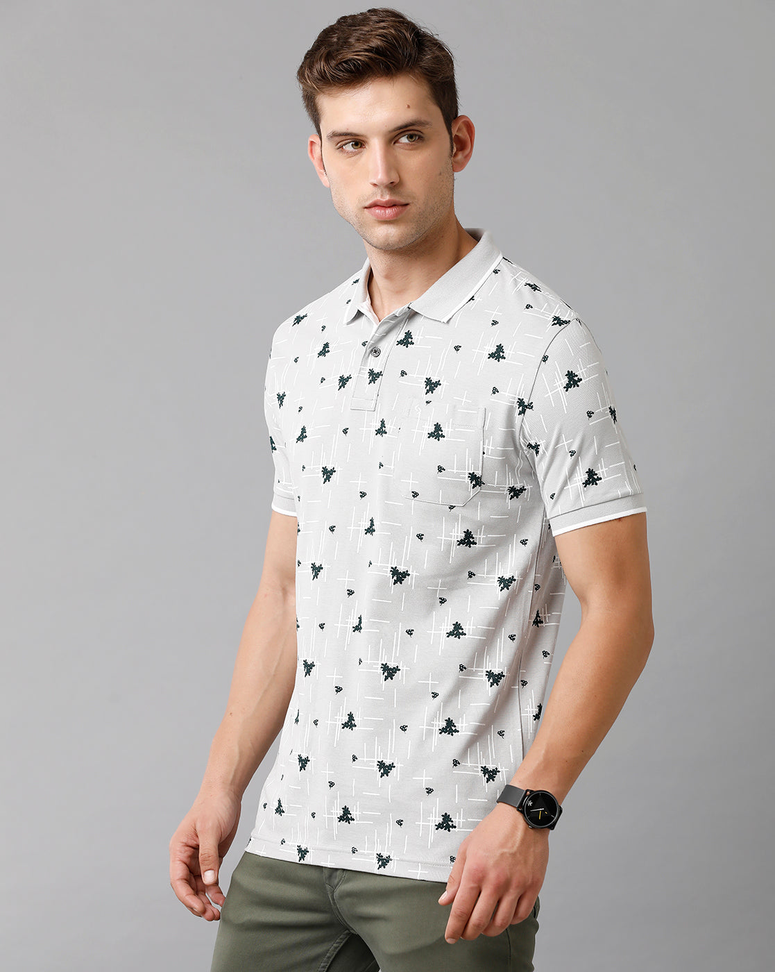 Classic Polo Mens Cotton Printed Half Sleeve Slim Fit Polo Neck Light Grey Color T-Shirt | Beau 172 A