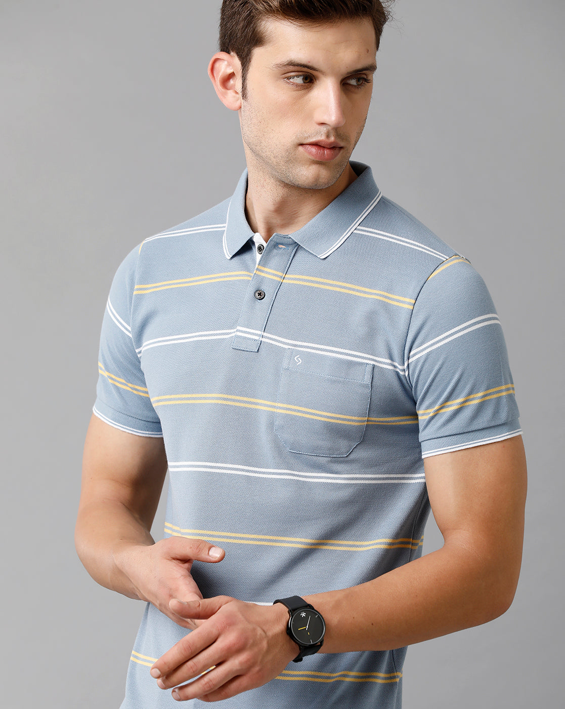 Classic Polo Mens Cotton Blend Striped Half Sleeve Slim Fit Polo Neck Light Blue Color T-Shirt | Adore 179 B
