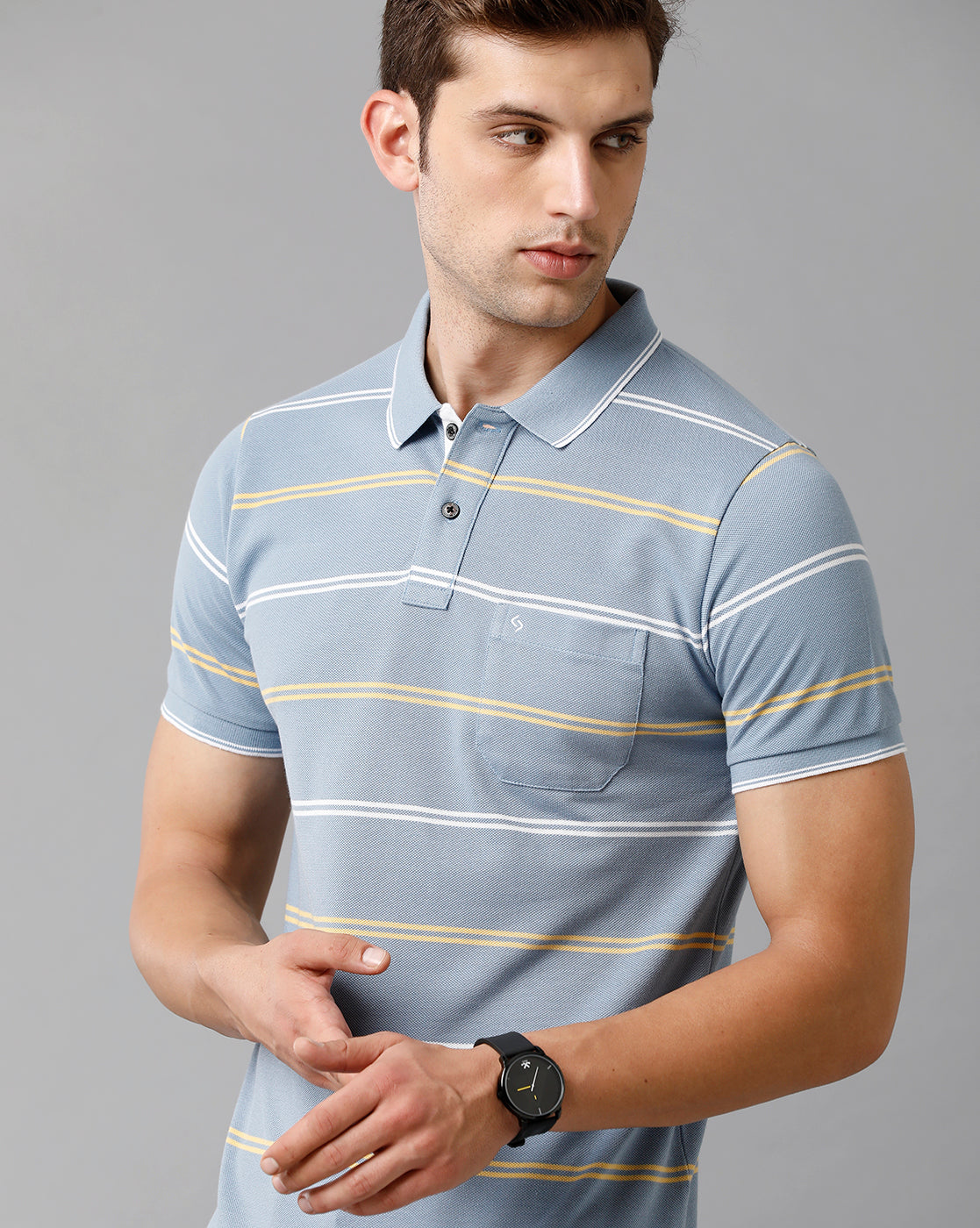 Classic Polo Mens Cotton Blend Striped Half Sleeve Slim Fit Polo Neck Light Blue Color T-Shirt | Adore 179 B