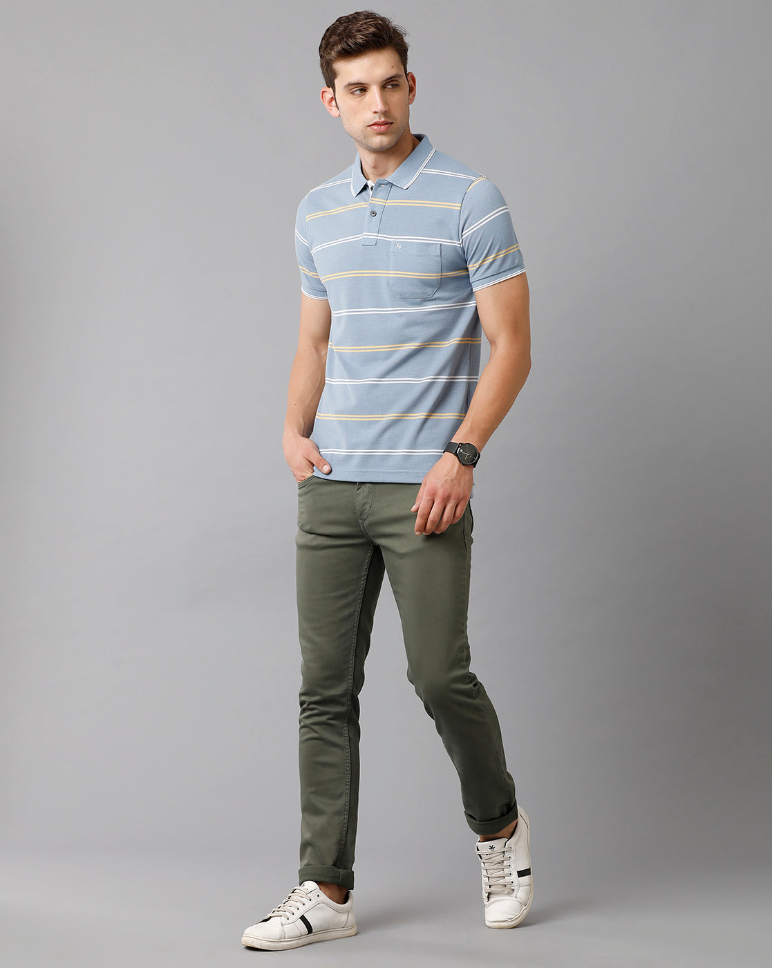 Classic Polo Mens Cotton Blend Striped Half Sleeve Slim Fit Polo Neck Light Blue Color T-Shirt | Adore 179 B