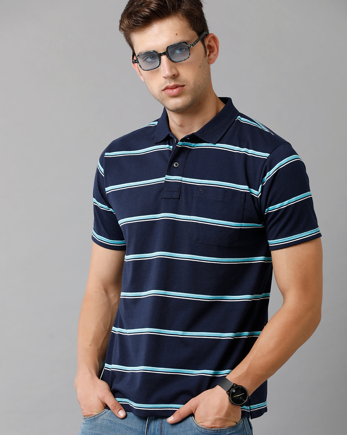Classic Polo Mens Cotton Blend Striped Half Sleeve Authentic Fit Polo Neck Navy Blue Color T-Shirt | Avon 502 A