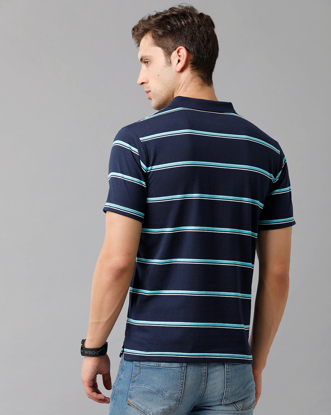 Classic Polo Mens Cotton Blend Striped Half Sleeve Authentic Fit Polo Neck Navy Blue Color T-Shirt | Avon 502 A
