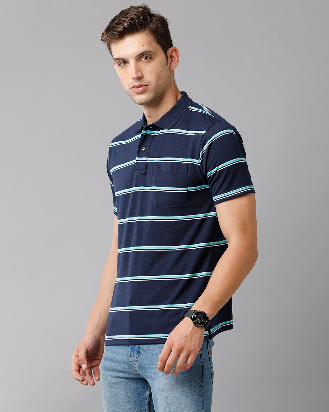 Classic Polo Mens Cotton Blend Striped Half Sleeve Authentic Fit Polo Neck Navy Blue Color T-Shirt | Avon 502 A