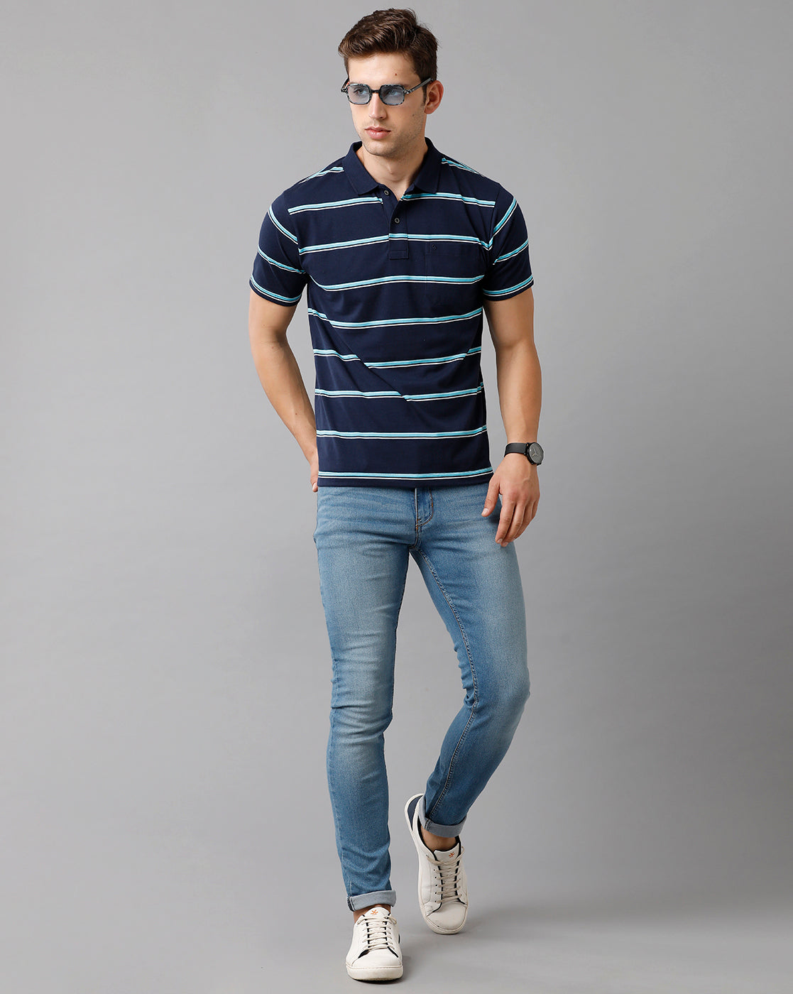 Classic Polo Mens Cotton Blend Striped Half Sleeve Authentic Fit Polo Neck Navy Blue Color T-Shirt | Avon 502 A