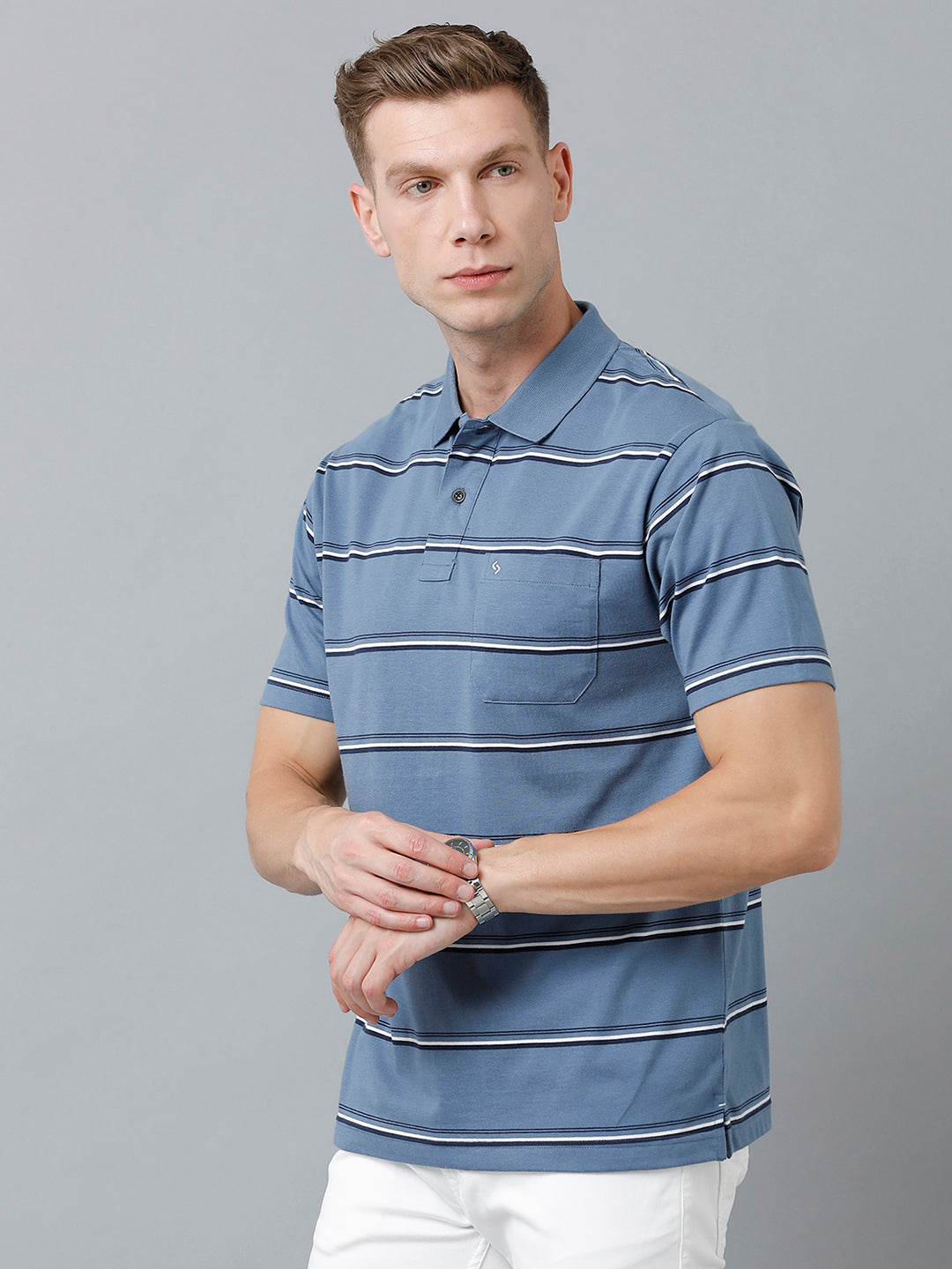 Classic Polo Men's Cotton Blend Half Sleeve Striped Authentic Fit Polo Neck Blue Color T-Shirt | Avon - 517 A
