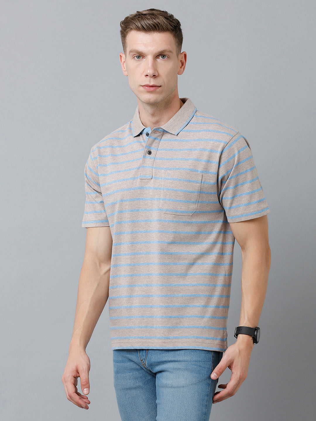 Classic Polo Men's Cotton Blend Half Sleeve Striped Authentic Fit Polo Neck Light Grey Color T-Shirt | Mel - 222 B