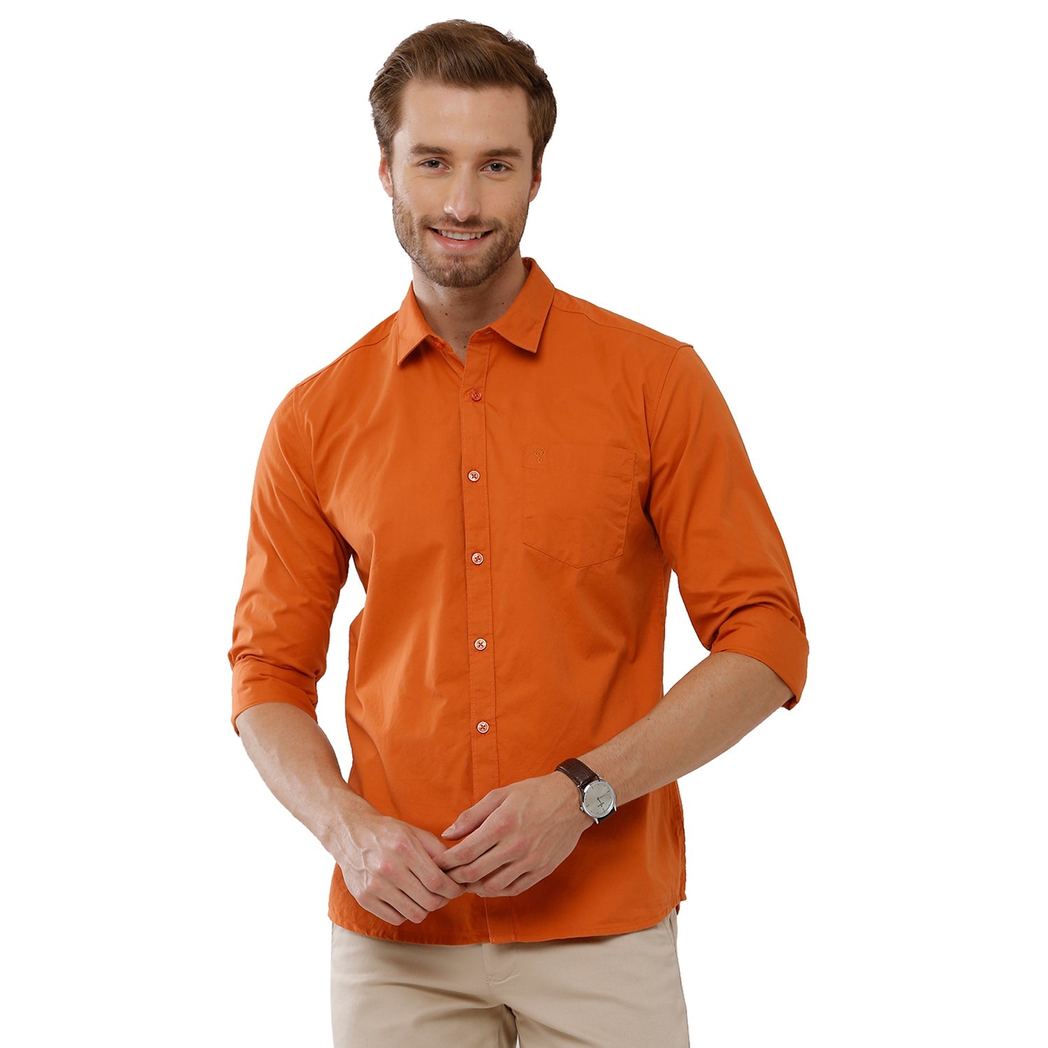 Classic Polo Mens 100% Cotton Full Sleeve Solid Slim Fit Orange Color Woven Shirt -SN1 115 C Shirts Classic Polo 