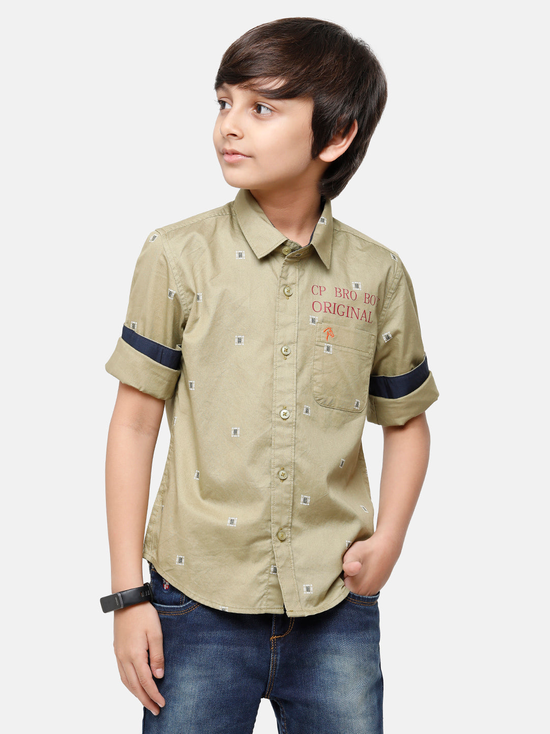 CP Boys Green Printed Full Sleeve Slim Fit Shirt Shirts Classic Polo 