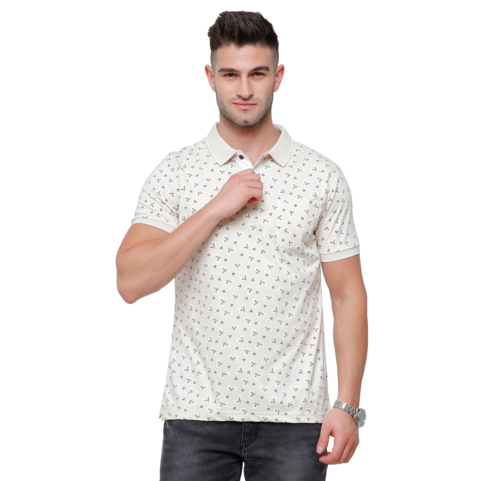 Classic Polo Mens Printed Slim Fit Polo Cream Colour T-Shirt - Bello 166B T-shirt Classic Polo 