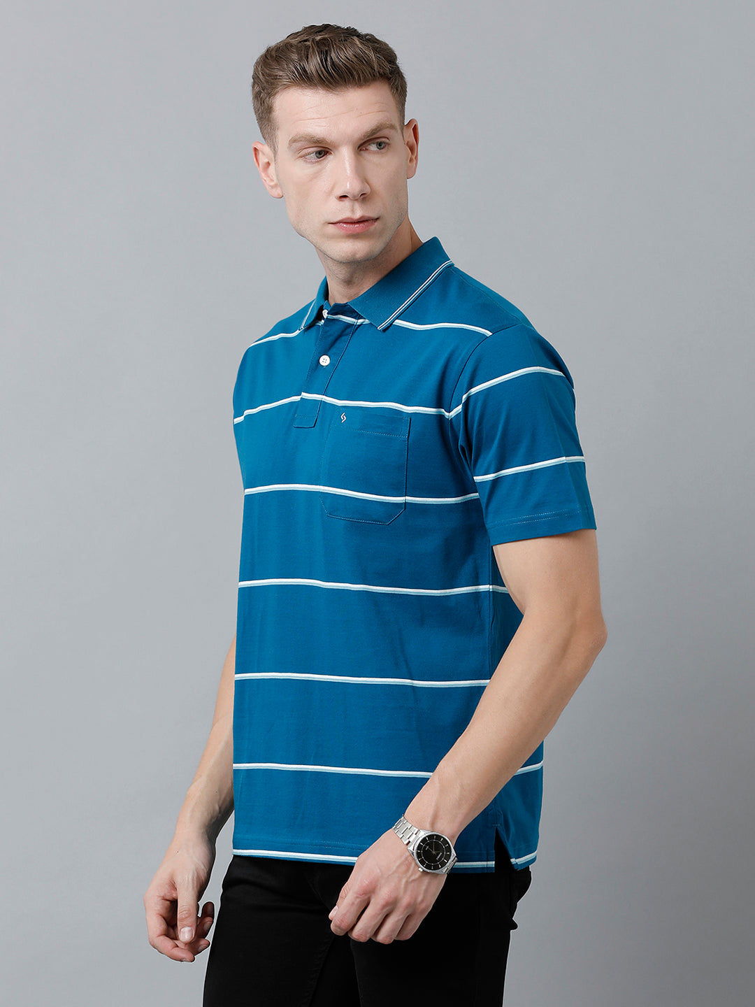 Classic Polo Men's Cotton Half Sleeve Striped Authentic Fit Polo Neck Royal Blue Color T-Shirt | Ap - 84 A
